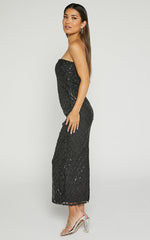 Izzy Midi Dress - Strapless Sequin Midi Dress in Black