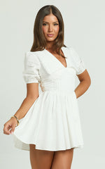 Jhorgen Mini Dress - Collared Puff Sleeve Dress in White