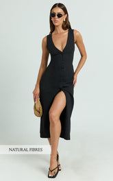 Juliet Midi Dress - Button Through V Neck Dress in Black