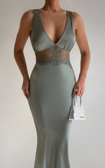 Juliet Midi Dress - V Neck Lace Insert Satin Slip Dress in Olive