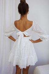 Abby Off-Shoulder Tie-Up Back Dress Eyelet Embroidery Dress White