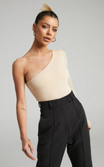 Khanley Bodysuit - One Shoulder Long Sleeve Bodysuit in Beige