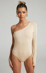 Khanley Bodysuit - One Shoulder Long Sleeve Bodysuit in Beige