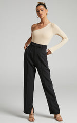 Khanley Bodysuit - One Shoulder Long Sleeve Bodysuit in Beige