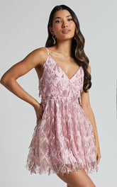 Khrizza Mini Dress - Sequin Gathered Dress in Light Pink