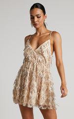 Khrizza Mini Dress - Sequin Gathered Dress in Gold
