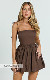 Kimberly Mini Dress - Square Neck Bubble Hem Dress in Chocolate