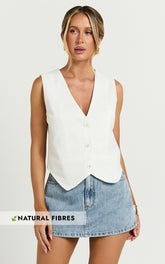 Kiraye Top - Linen Button Through Vest in Off White