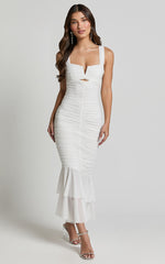 Kody Midi Dress - Bodycon Ruched Mesh Cut Out Dress in White