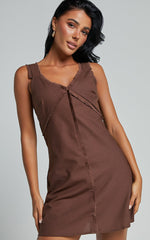 Lauryn Mini Dress - Linen V Neck A Line Dress in Chocolate