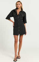 Leilani Mini Dress - Denim Short Sleeve Button Up Dress with Gold Hardware in Washed Black