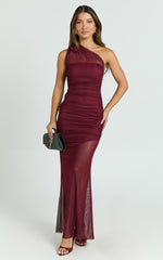 Leonie Maxi Dress - One Shoulder Mesh Dress in Wine