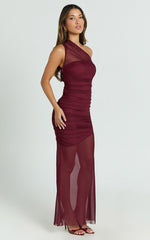 Leonie Maxi Dress - One Shoulder Mesh Dress in Wine