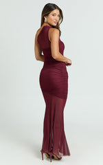 Leonie Maxi Dress - One Shoulder Mesh Dress in Wine