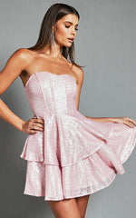 Mabel Mini Dress - Strapless Sweetheart Neck Tiered in Pink