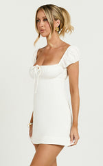 Maddy Mini Dress - Ruched Bust Short Sleeve Dress in White