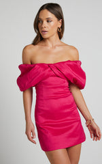 Manileen Mini Dress - Twist Front Strapless Dress in Hot Pink
