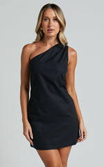 Mardelle Mini Dress - Linen One Shoulder Shift Dress in Black