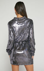 Marija Mini Dress - Sequin Wrap Shirt Dress in Gunmetal