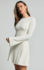 Melissa Mini Dress - Flared Long Sleeve A Line Dress in Off White