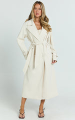 Mikey Trench Coat - Longline Double Breasted Trench Coat in Sand