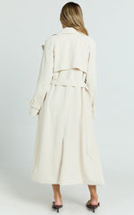 Mikey Trench Coat - Longline Double Breasted Trench Coat in Sand