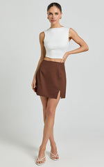 Mindy Mini Skirt - Linen Look A Line Side Split Skirt in Brown