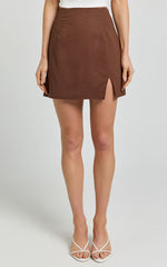 Mindy Mini Skirt - Linen Look A Line Side Split Skirt in Brown