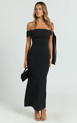 Moira Midi Dress - Off The Shoulder Knot Detailing Dress in Black