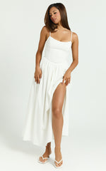 Morris Midi Dress - Linen Scoop Neck Gathered Dress in Off White