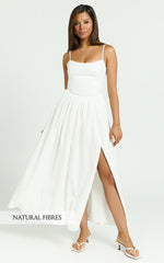 Morris Midi Dress - Linen Scoop Neck Gathered Dress in Off White
