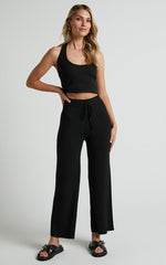 Motto Pants - High Waisted 7/8 Length Ribbed Knit Pants in Black