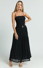 Nathaly Midi Dress - Drop Waist Dress with Gold Detail in Black