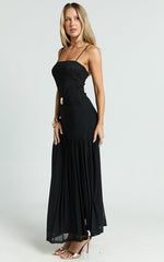 Nathaly Midi Dress - Drop Waist Dress with Gold Detail in Black