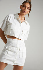 Navine Two Piece Set - Button Front Crop Top and Cargo Pocket Mini Skirt Set in White