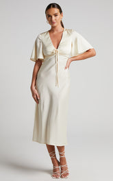 Nicholla Midi Dress - Ruched Front Angel Sleeve Slip Dress in Champagne