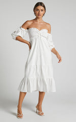 Nikka Midi Linen Blend Dress - Shirred Off Shoulder Puff Sleeve Dress in White