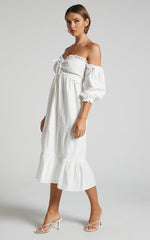 Nikka Midi Linen Blend Dress - Shirred Off Shoulder Puff Sleeve Dress in White