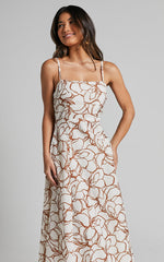 Nylia Midi Dress - Strappy Fit and Flare Dress in White Floral