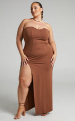 Oriella Maxi Dress - Panelled Thigh Split Strapless Dress in Chocolate