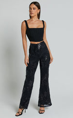 Ortiz Pants - High Waist Straight Leg Sequin Pants in Black Floral