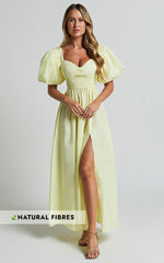 Raiza Midi Dress - Shirred Waist Puff Sleeve Dress in Lemon