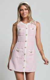 River Mini Dress - Boucle Button Through A Line Dress with Hardware Detail in Light Pink