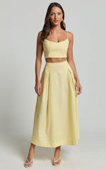 Rosalee Two Piece Top and Skirt Set - Strappy Crop Top and High Waisted A Line Midi Skirt Set in Yellow
