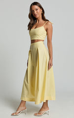 Rosalee Two Piece Top and Skirt Set - Strappy Crop Top and High Waisted A Line Midi Skirt Set in Yellow
