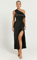 Rowena Midi Dress - One Shoulder Satin Dress in Black