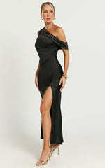 Rowena Midi Dress - One Shoulder Satin Dress in Black