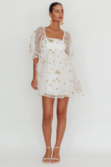 Helen Floral Organza Mini Dress White Pink