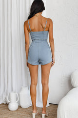 Lyric Cami Strap Zipper Front Romper Denim Blue