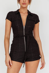 California Girl Short Sleeve Waist Tie Romper Black